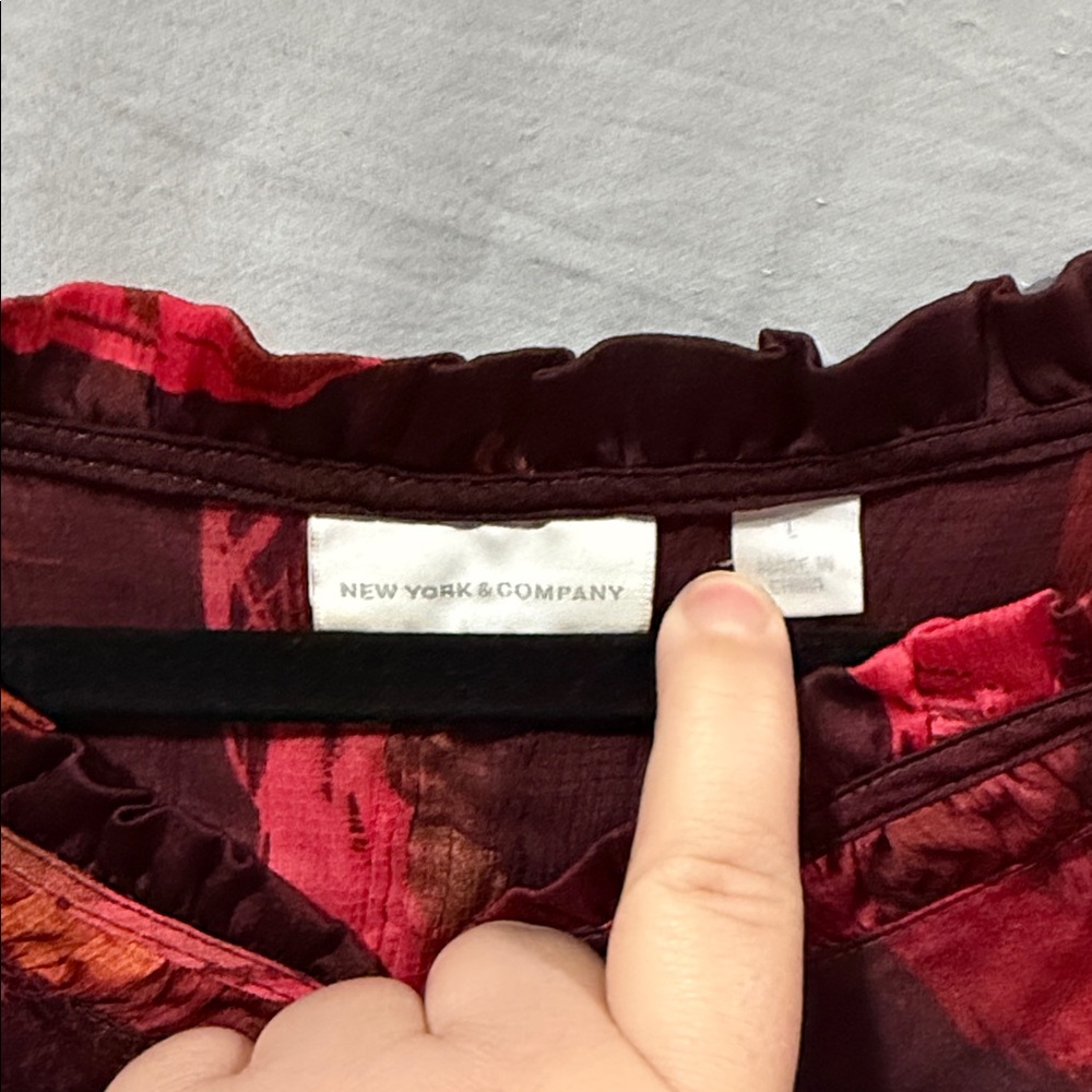New York & Company Burgundy and Pink Feather Blouse - Picture 2 of 8